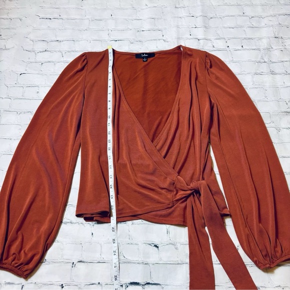 Lulus Women's Rust Orange Long Sleeve Faux Wrap Top Size Small - Picture 7 of 9
